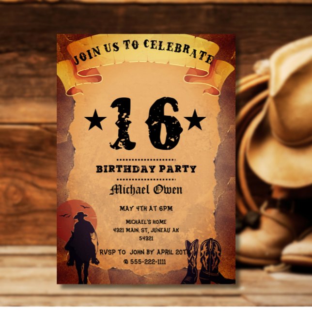 16. Geburtstag Cowboy Alt-Papier Reiten Party Einladung (Von Creator hochgeladen)