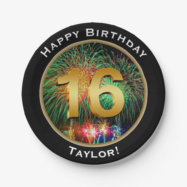 16. Geburtstag der Feuerwerks-sechzehnte mit Namen Pappteller (Vorderseite)