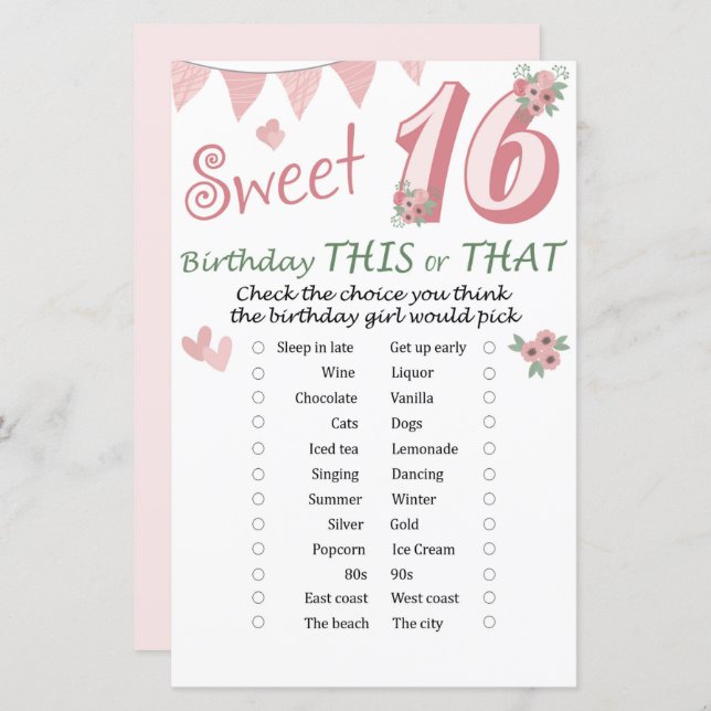 16. Geburtstag Dieses oder jenes Spiel (Vorne/Hinten)