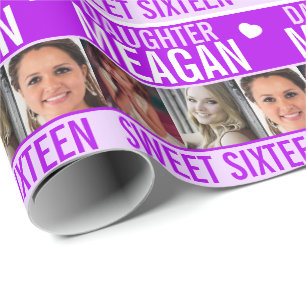 16. Geburtstag drei Foto lila Tochter Geschenkpapier