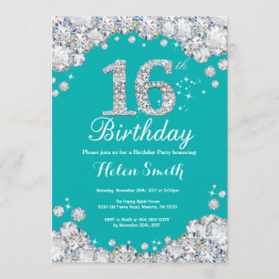 16. Geburtstag Einladung Aquamarin und Silver Diam