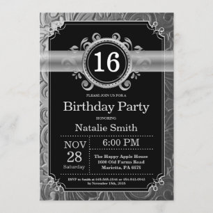 16. Geburtstag Einladung Black and Silver Glitzer