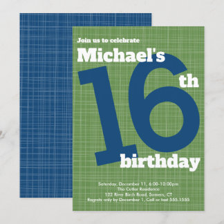 16. Geburtstag Einladung Blau mit grünem Akzent,