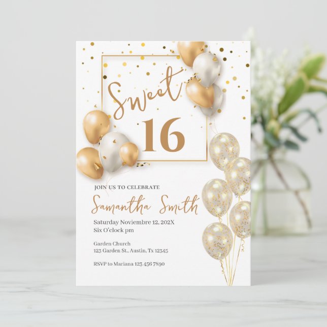 16 . Geburtstag Einladung Golden Balloon (Stehend Vorderseite)
