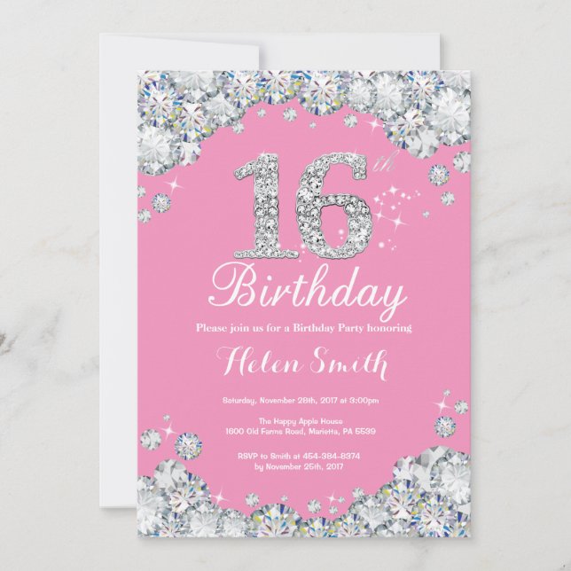 16. Geburtstag Einladung Rosa und Silberdiamant (Vorderseite)