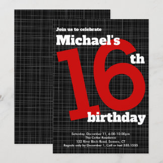 16. Geburtstag Einladung Schwarz mit rotem Akzent,