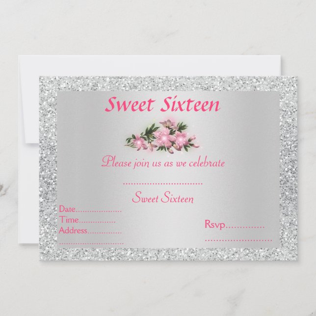 16 . Geburtstag Einladung Silber mit rosa Blumen (Vorderseite)