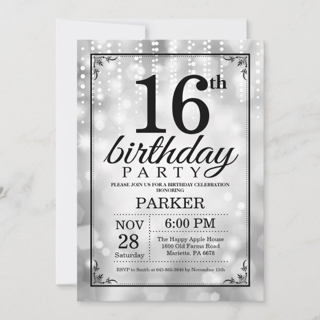 16. Geburtstag Einladung Silberner Glitzer (Vorderseite)