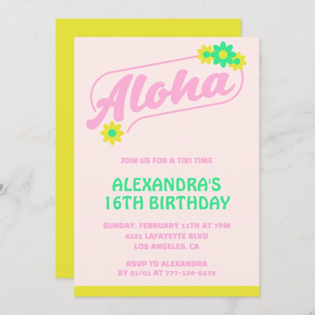 16. Geburtstag Einladungen Tropical Aloha Pink (Vorne/Hinten)