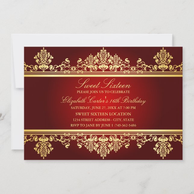 16. Geburtstag | Elegante Red & Gold Damask Einlad Einladung (Vorderseite)