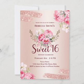 16. Geburtstag Elegante Rose Gold Floral Einladung