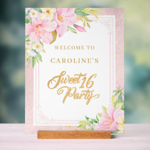 16 . Geburtstag Elegantes Blumenrosa Begrüßungszei Acrylschild