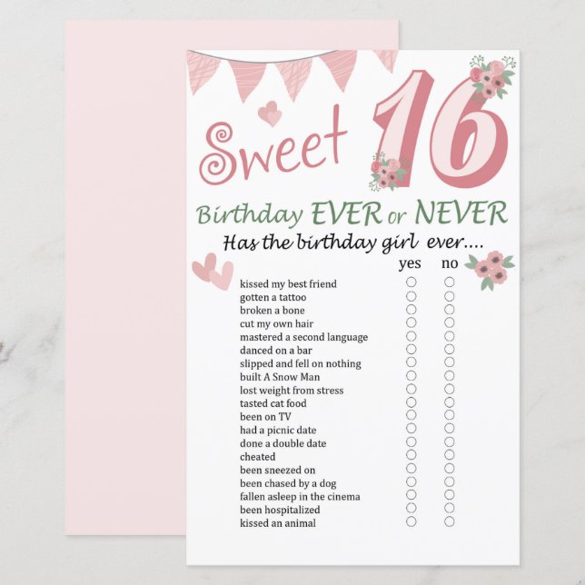 16. Geburtstag Ever oder Nie Game (Vorne/Hinten)