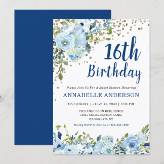 16. Geburtstag florale Navy Blue Gold Confetti Gir Einladung