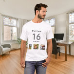 16. Geburtstag, Foto Monogramm T-Shirt<br><div class="desc">Für einen 16. Geburtstag als Geschenk oder für das Party. Eine Collage von 3 Fotos von Freunden,  Familie,  Interesse oder Haustieren. Personalisieren und fügen Sie seinen Namen,  Alter 16 und ein Datum. Geburtsdatum oder Geburtsdatum der Geburtstagsparty. Grauer und schwarzer Text.</div>