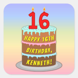 16. Geburtstag: Fun Cake and Candles + Individuell Quadratischer Aufkleber