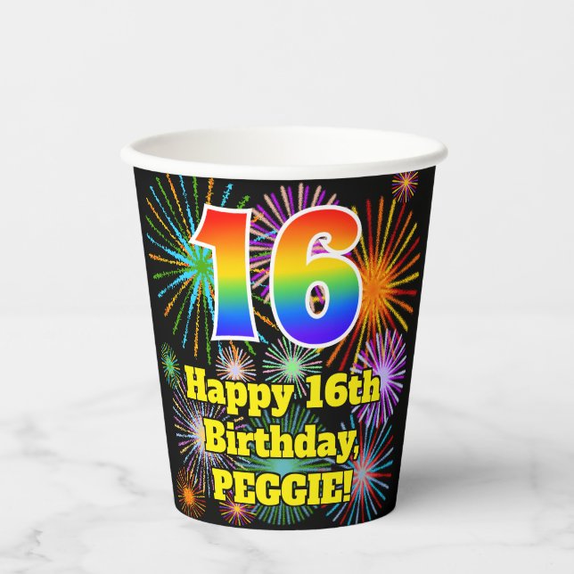 16. Geburtstag: Fun Fireworks Pattern + Regenbogen Pappbecher (Vorderseite)