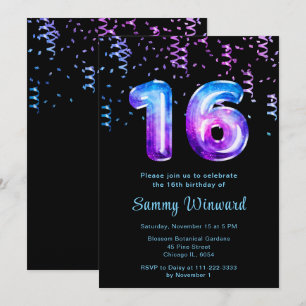 16. Geburtstag Galaxy Balloons mit Confetti Einladung