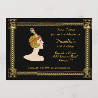 16 . Geburtstag Geburtstag, Gatsby-Stil, Schwarz & Einladung