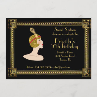 16 . Geburtstag Geburtstag, Gatsby-Stil, Schwarz & Einladung