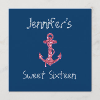 16 . Geburtstag Girly, Nautical Pink Glitzer Ancho Einladung
