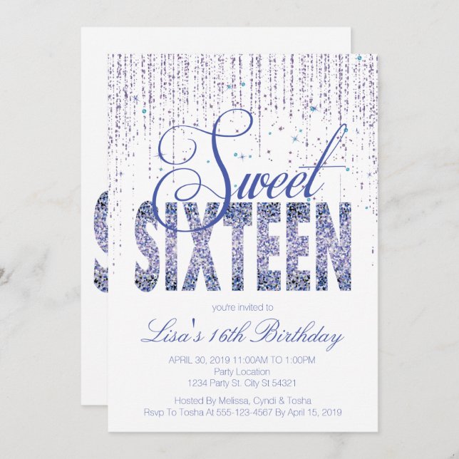 16 . Geburtstag, Glam Glitzer Einladungen (Vorne/Hinten)