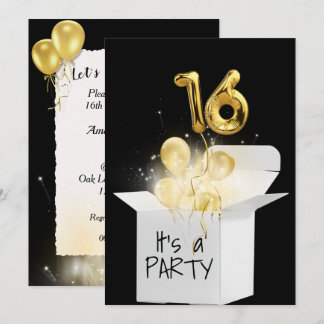 16. Geburtstag Gold Ballons in weißer Box Einladung