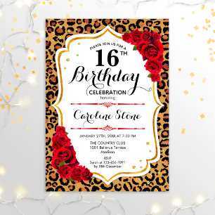 16. Geburtstag - Gold Red Leopard Print Einladung