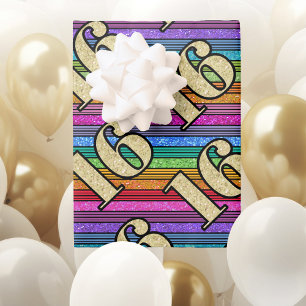 16. Geburtstag Gold Zahlen Rainbow Stripe Glitzer Geschenkpapier Set