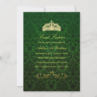 16. Geburtstag | Green Tiara & Damask Einladung