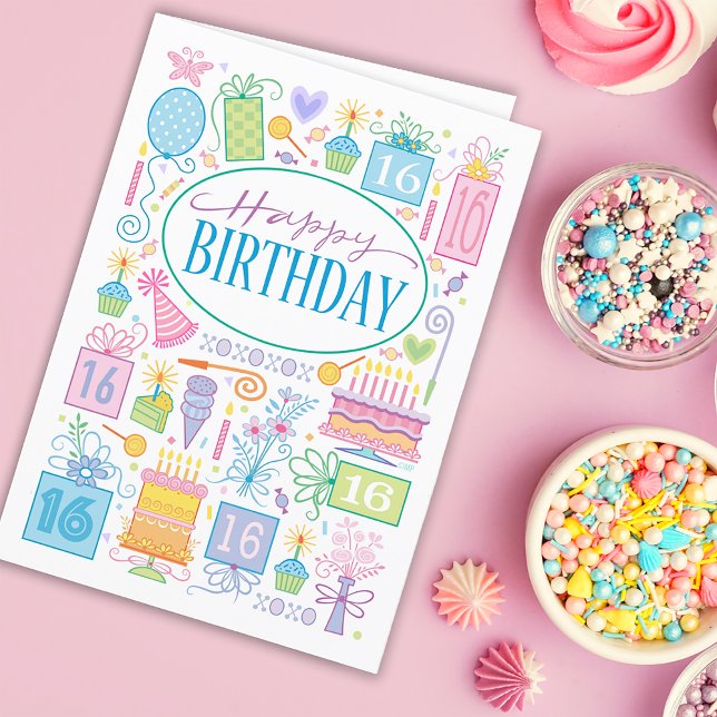 16. Geburtstag helle Pastellfarben auf Blue Card Karte (Von Creator hochgeladen)