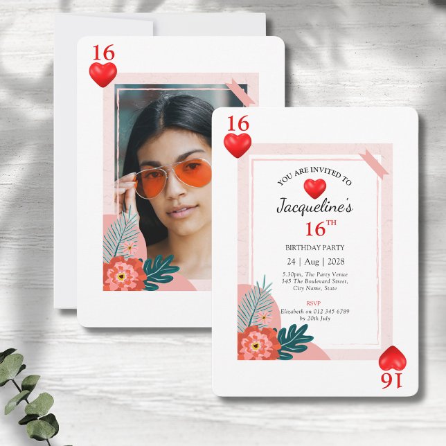 16. Geburtstag Herz Süß 16 Einladung (Sweet 16, 16th birthday party invitations showing front and rear on a grey wood background.)
