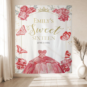 16 . Geburtstag Hintergrund Butterfly Rotes Kleid Wandteppich