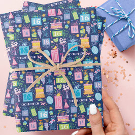 16. Geburtstag Kuchen präsentiert Balloons Blue Geschenkpapier Set