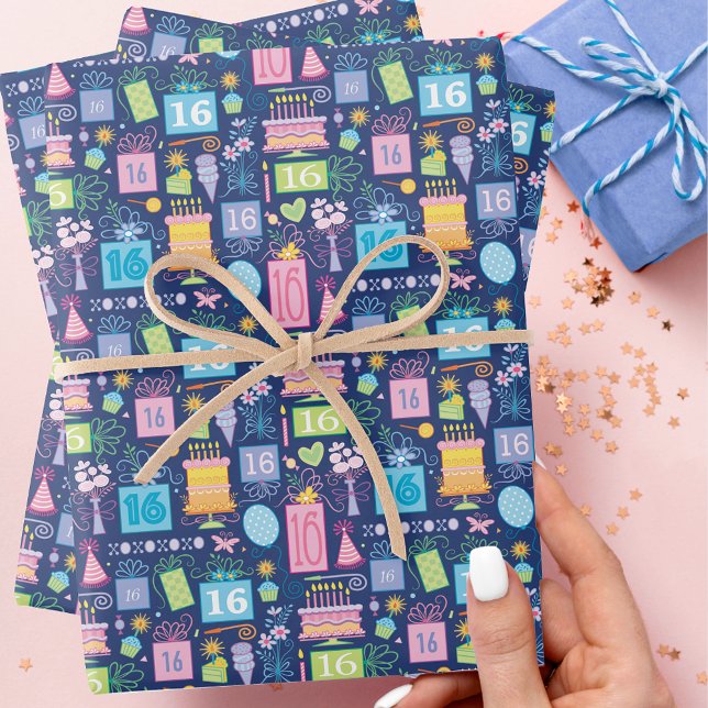 16. Geburtstag Kuchen präsentiert Balloons Blue Geschenkpapier Set (Von Creator hochgeladen)