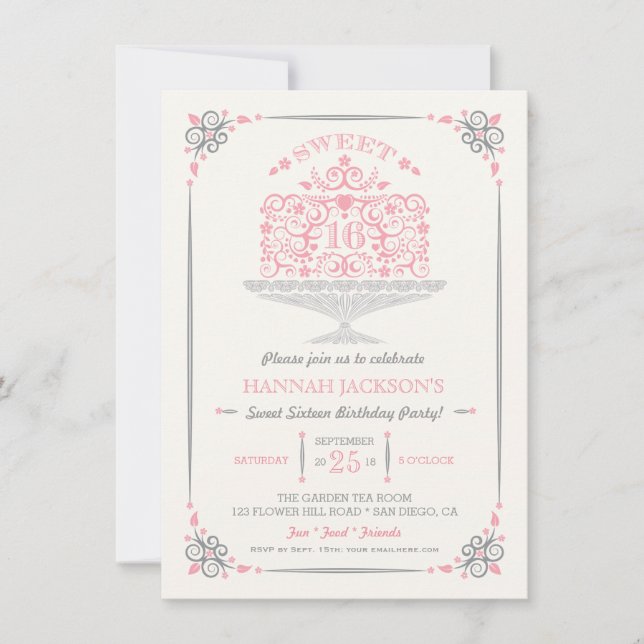 16 . Geburtstag Lacy Birthday Cake Einladung (Vorderseite)