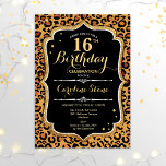 16. Geburtstag - Leopard Print Einladung<br><div class="desc">Einladung zum 16. Geburtstag. Elegantes Schwarz-weißes Design mit Imitate Glitzer Gold. Features Leopard Gepard-Tier Druck und Skript-Schriftart. Ideal für eine elegante Geburtstagsfeier. Kann in jedes Jahr personalisiert werden! Nachricht,  wenn Sie weitere Anpassungen benötigen.</div>