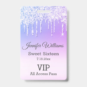16 . Geburtstag lila tropfende Glitzer Vip Pass Ausweis