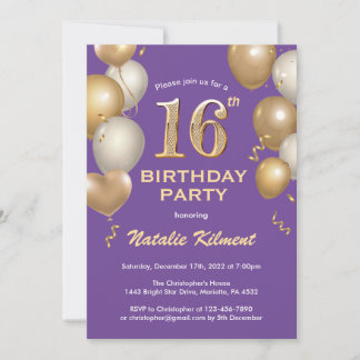 16. Geburtstag Lila und Gold Glitzer Ballons Einladung
