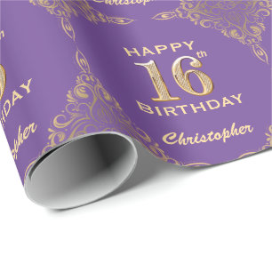 16. Geburtstag Lila und Gold Glitzer Frame Geschenkpapier