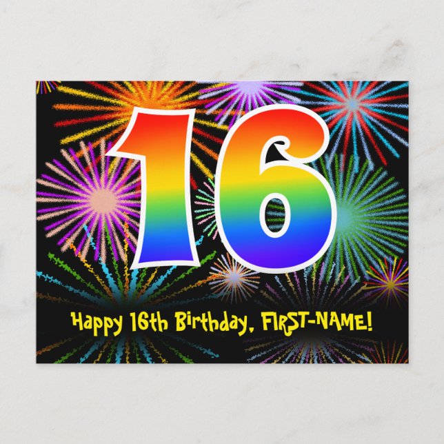 16. Geburtstag – Lustiges Feuerwerk Muster + Regen Postkarte (Vorderseite)