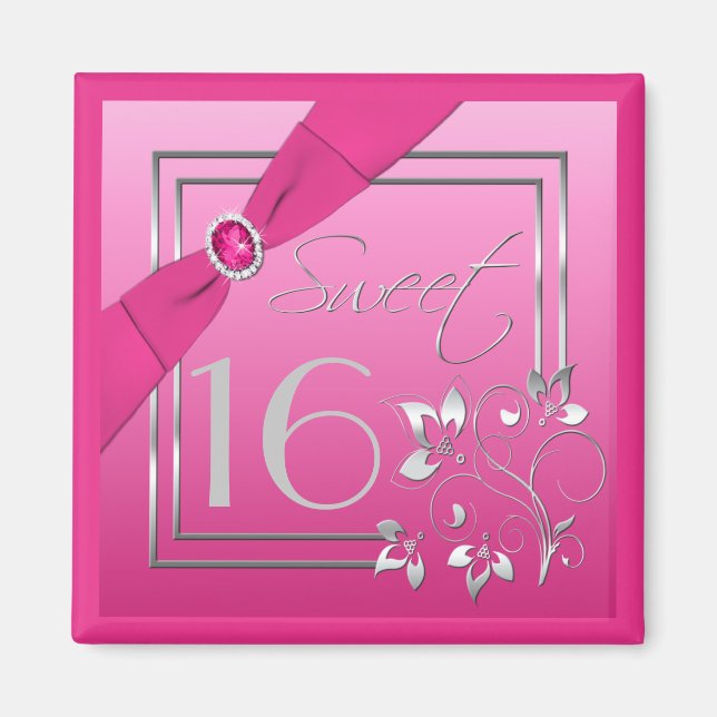 16 . Geburtstag Magnet in Rosa und Silber (Vorne)