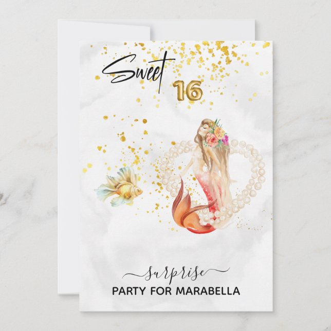 *~* 16 . GEBURTSTAG Meerjungfrau Pearl Herz 16 Geb Einladung (Vorderseite)