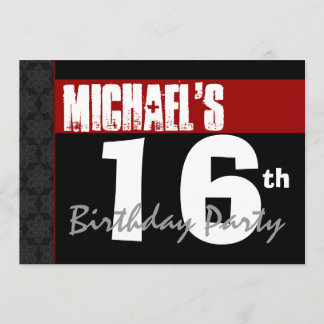 16. Geburtstag Moderne Rote Schwarz-weiße Sterne v Einladung