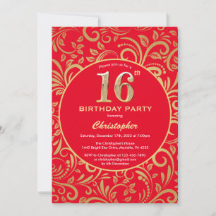 16. Geburtstag Muster Rot und Gold Floral Einladung