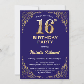 16. Geburtstag Navy Blue und Gold Glitzer Frame Einladung