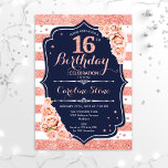 16. Geburtstag - Navy Rose Gold und White Stripes Einladung<br><div class="desc">Einladung zum 16. Geburtstag. Elegante Rose Gold Weiß und Marine Design mit Imitat Glitzer. Ideal für eine elegante Geburtstagsfeier.</div>