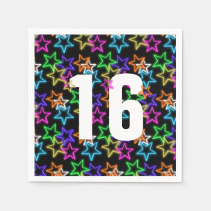 16. Geburtstag Neonsterne auf schwarz Serviette