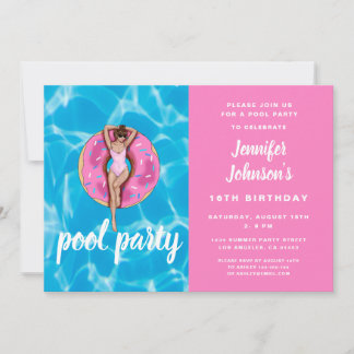 16. Geburtstag Niedlich Pink Donut Summer Pool Par Einladung