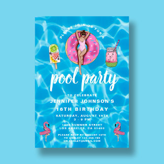 16. Geburtstag Niedlich Pink Summer Pool Party Einladung